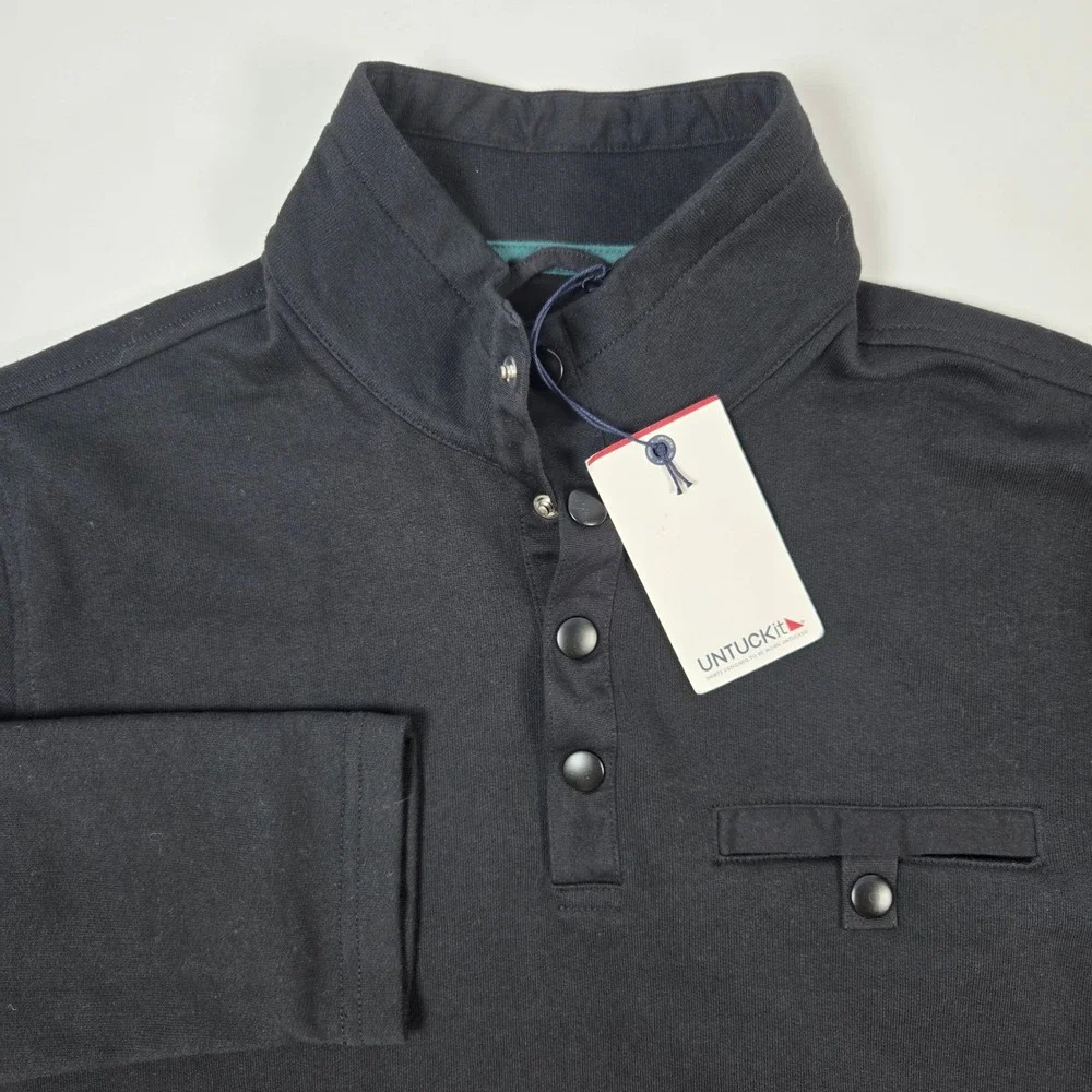 UNTUCKit Parkson Pullover Mens Small Black Snap Mock Neck Fleece Lined 41232 NEW